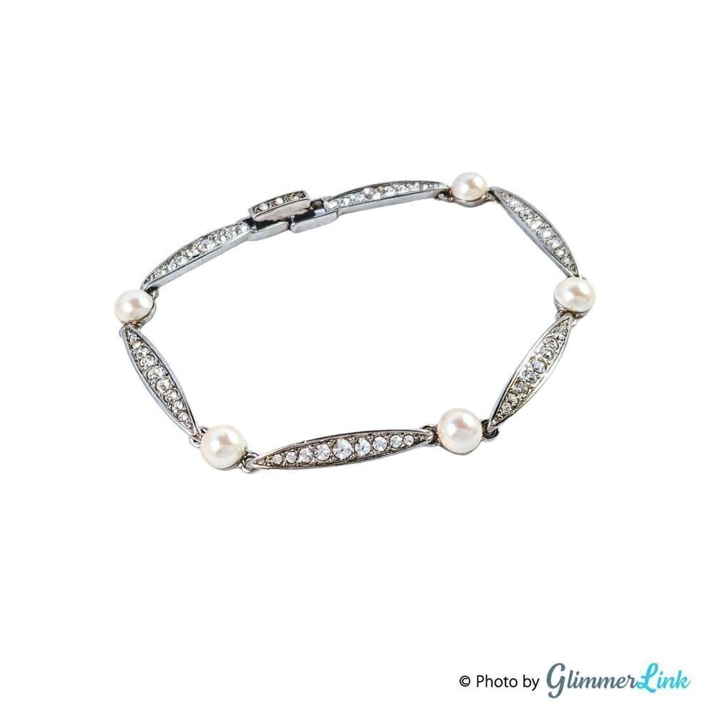 Vintage Monet Faux Pearls Clear Crystals Silver Tone Links Bracelet